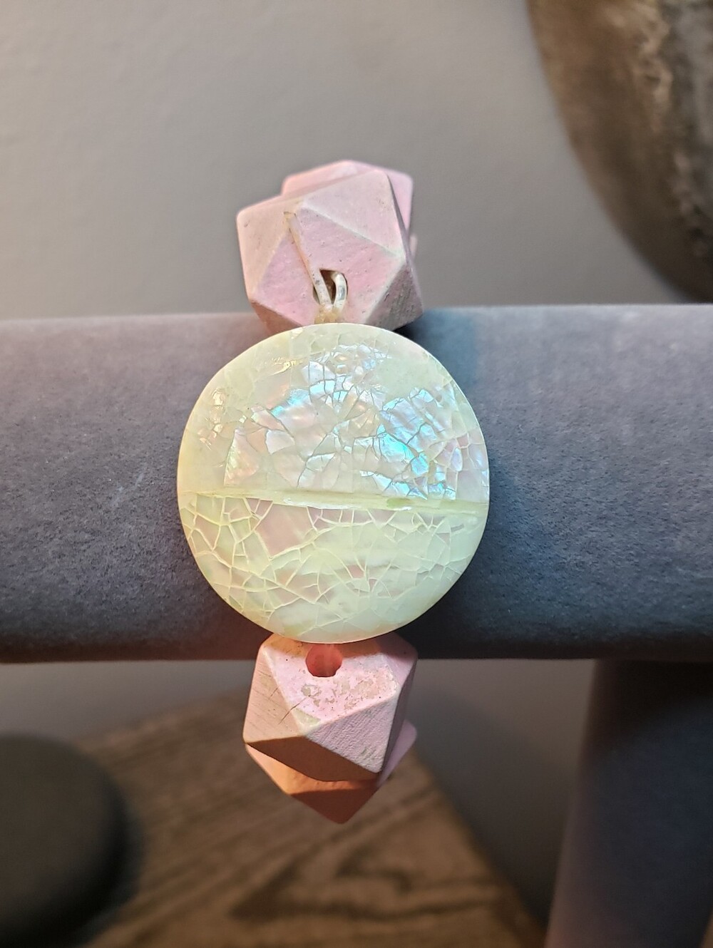 Pink Geometric Wood And Mosaic Crackle Beaded Bracelet